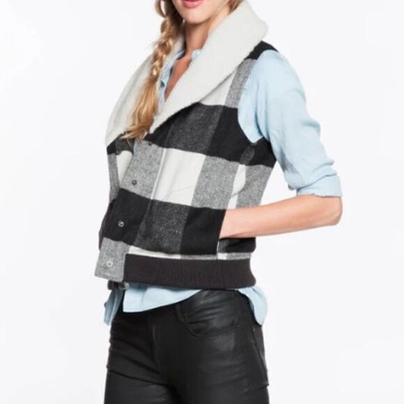 Marine Layer Women Large Black White Buffalo Check Wool Blend Sherpa Vest - Picture 1 of 8